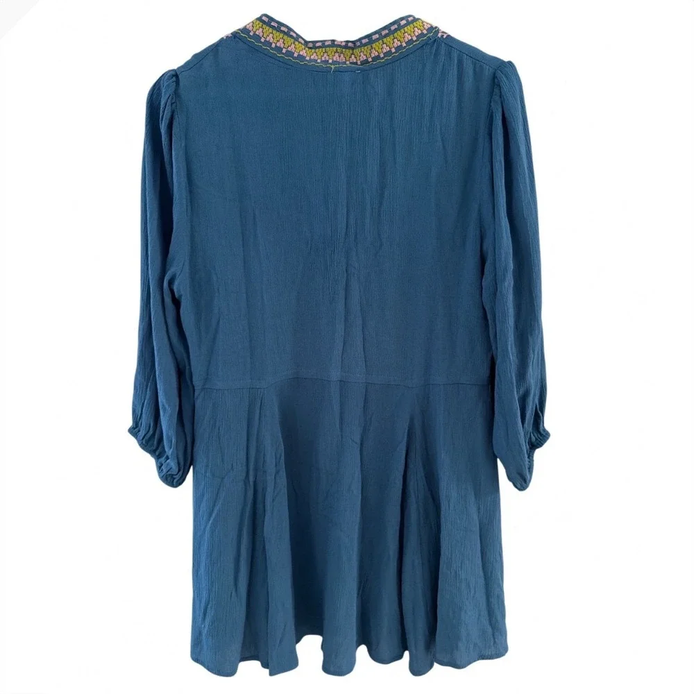 En Creme Womens Slate Blue Embroidered Babydoll Tunic Top Boho Rayon ED13940BL L
